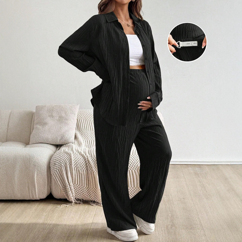 European and American Maternity Wear 2-Piece Set for Export, Spring and Autumn Cardigan Shirt Jacket and Long Pants with Adjustable Waist, Maternity Set European and American Maternity Wear 2-Piece Set for Export, Spring and Autumn Cardigan Shirt Jacket and Long Pants with Adjustable Waist, Maternity Set