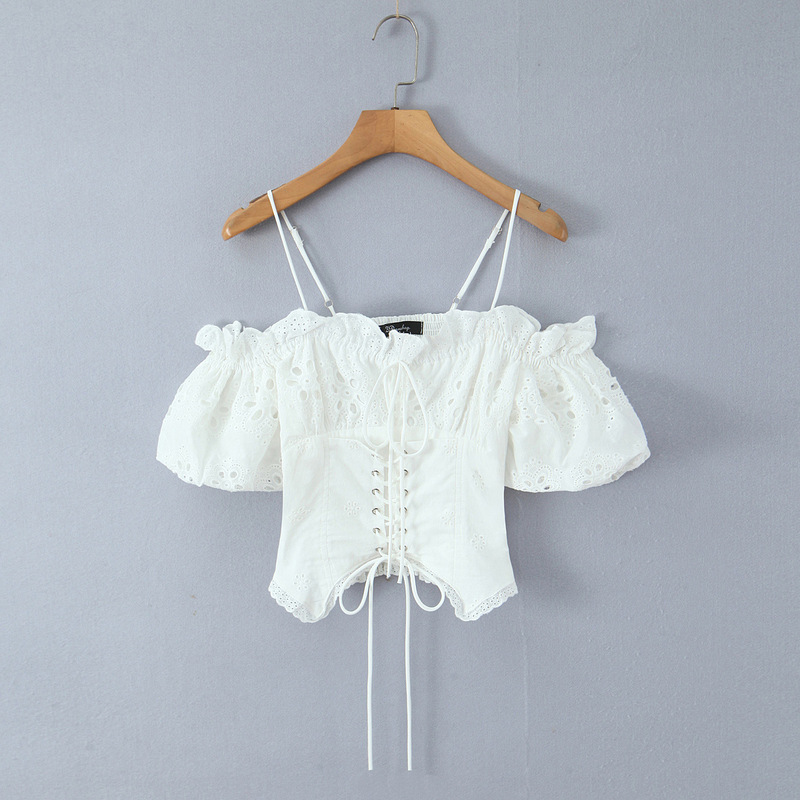 8134-25 Winter New Style French Sweet Hollow-Out Embroidery Off-Shoulder Lantern Sleeve Waist-Cinching Slimming Top with Straps 8134-25 Winter New Style French Sweet Hollow-Out Embroidery Off-Shoulder Lantern Sleeve Waist-Cinching Slimming Top with Straps