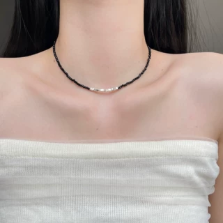 碎银子黑水晶串珠拼接项链女高级感小众轻奢锁骨链百搭颈链配饰品