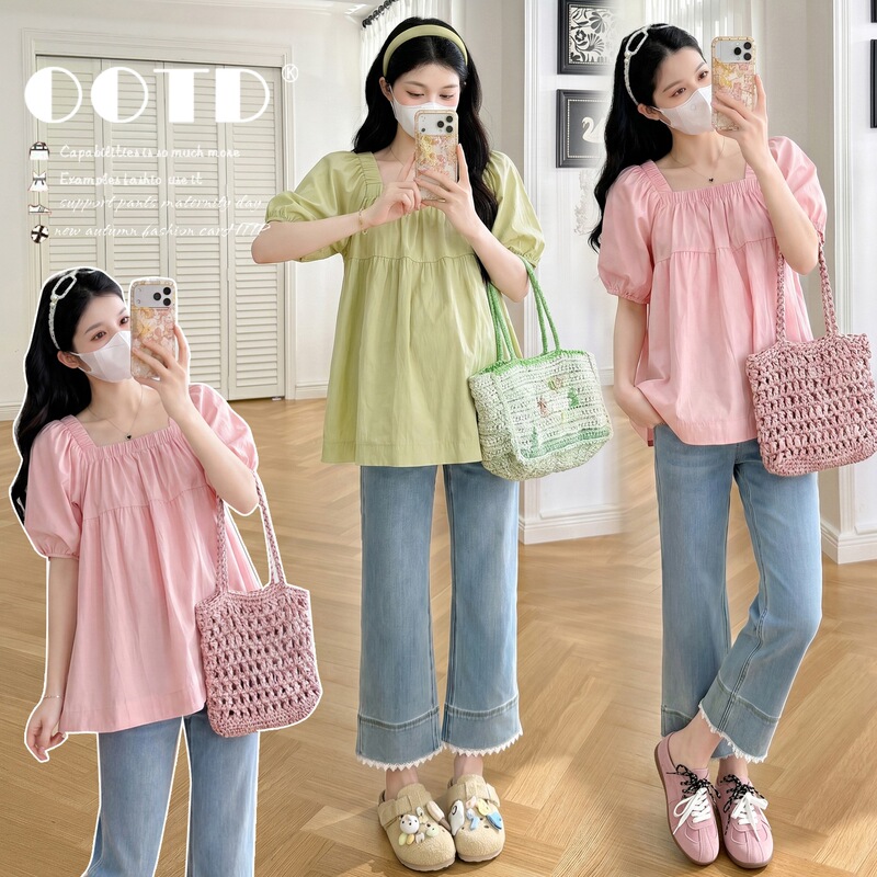 Maternity Wear 2026 Summer New Style Square Collar Shirt French Puff Sleeve Loose Slimming Versatile Babydoll Top