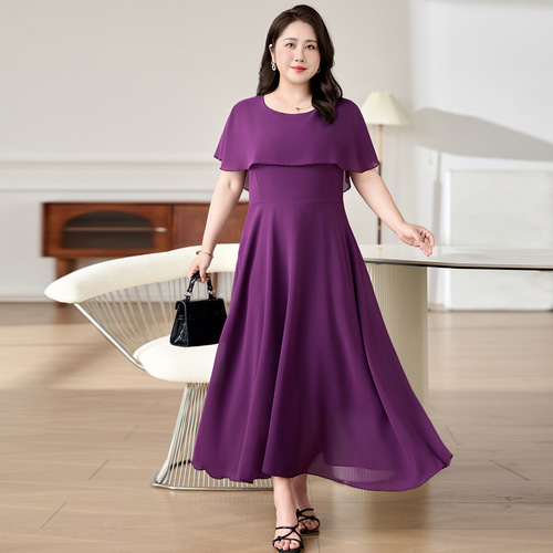 Plus-size women's open-neck chiffon long dress 2025 new summer dress women, slimming chiffon large swing 8630