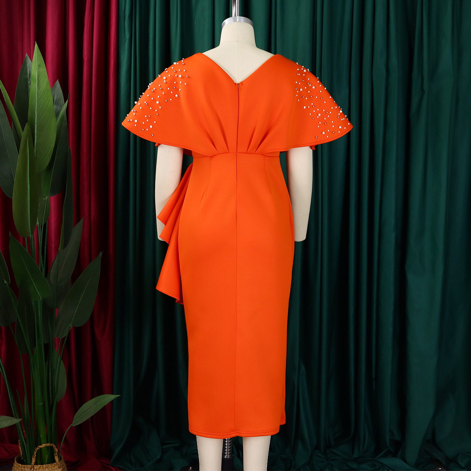 Robe de soirée sexy à col en V et à volants avec fente perlée, robe de banquet de tempérament de célébrité_voghion.com