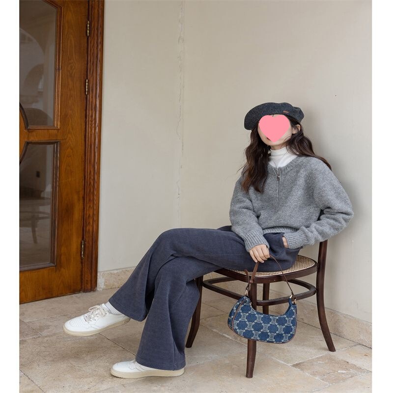 燕麦色短款毛衣外套女秋冬宽松慵懒外穿拉链开衫针织上衣无|undefined