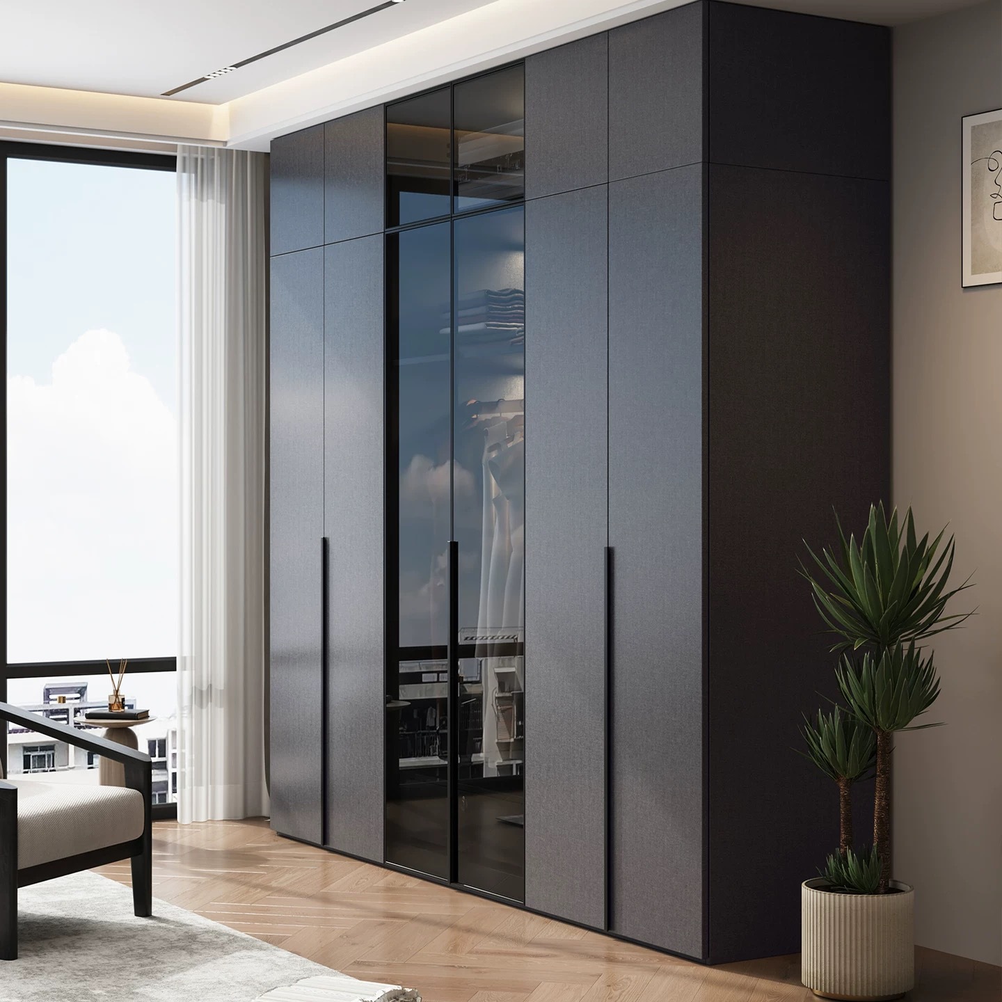 Light Luxury Solid Wood Glass Door Wardrobe Home Bedroom Living Room Minimalist Modern Small Apartment Storage Cabinet Combination Large Wardrobe