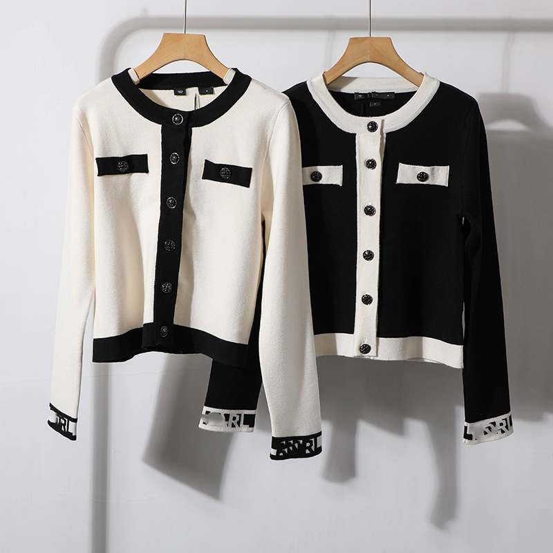 American Style K'Er~ Women's Elegant Chanel-Inspired Color-Blocked Round-Neck Casual Long-Sleeve Knitted Cardigan 2186