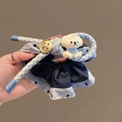 かわいい子犬ブルーチェック柄リボンヘアゴムネイビーブルーファブリックヘアゴム新しいスタイルの小さな新鮮なヘアゴム多用途ヘッドバンド