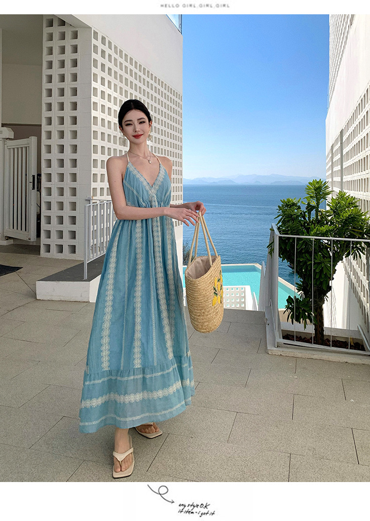 Light Blue Resort-style Backless Halter Neck Dress, Bohemian Heavy Embroidery Long Dress For Women_ecoleips.com