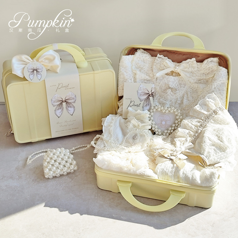 Baby Gift Box, Pearl Baby Beige Lace Baby Girl Dress Set, Meeting Gift, First Birthday Gift, High-End