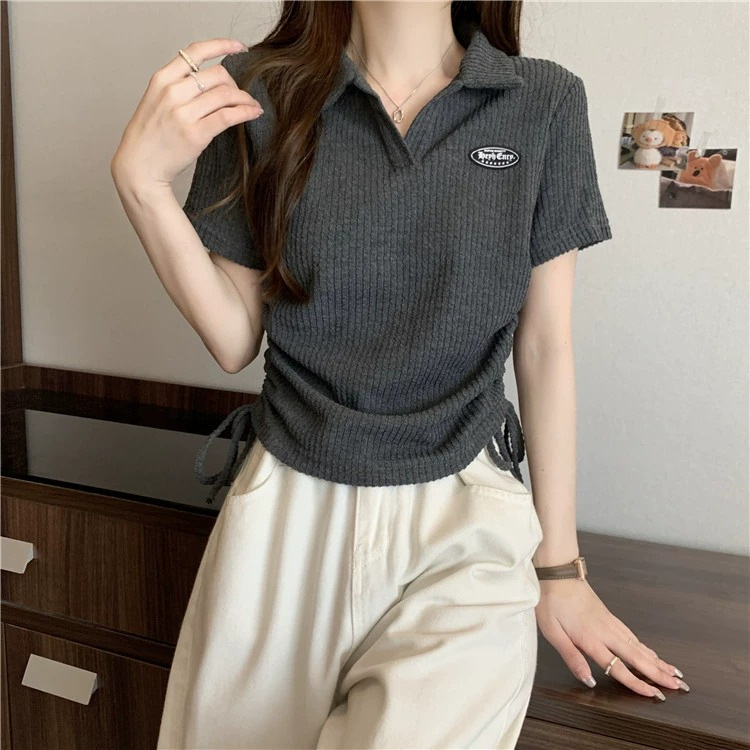 Large size American front shoulder polo neck short sleeved t-shirt for women 2024 new summer chubby mm top design_voghion.com