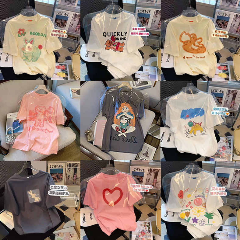 Cotton Bag Collar Cartoon Printed Short-sleeved T-shirt Women's 2024 Summer New Loose Mid-length Casual All-match Top