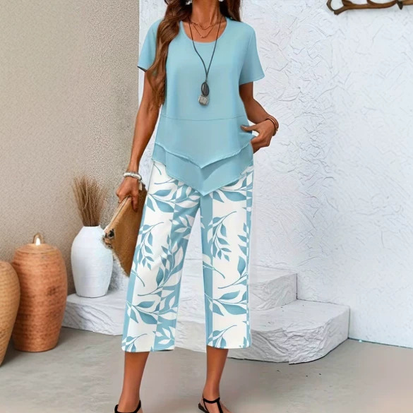 2026 European and American Cross-Border Tk Summer Fashion Women's Casual Suit Printed Short-Sleeved Top High-Waisted Shorts Two-Piece Set 2026 European and American Cross-Border Tk Summer Fashion Women's Casual Suit Printed Short-Sleeved Top High-Waisted Shorts Two-Piece Set