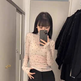 复古法式波点修身正肩T恤女春秋衣服 别致高领长袖内搭打底衫上衣