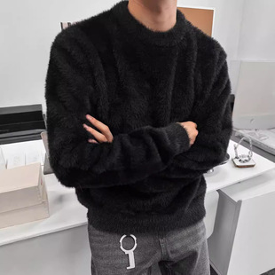 Round Neck Solid Color Faux Mink Sweater Autumn and Winter Korean Style Couple Unisex Loose Knit Base Shirt Loose and Slimming