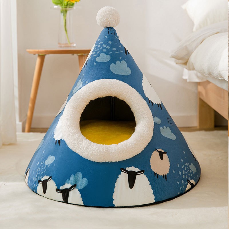 Casa de ojos grandes y lindos, invierno caliente cama de perro desmontable y lavable, cuatro estaciones de cabello dorado, perros cerrados, perros