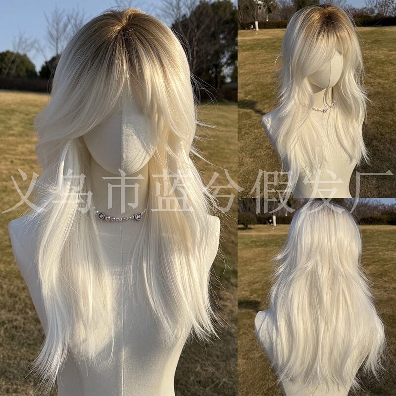 High-Temperature Synthetic Hair, Fully Machine-Made, Gradient White Long Straight Wig with Brown Hair Roots, Natural Scalp Coverage, Realistic Full Head Wig for Daily Cosplay