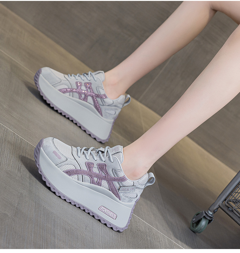 Giày sneaker nữ đế dày phong cách retro dành cho người dáng nhỏ, giày dad hot trend thu 2026, tăng chiều cao — M2933-1 màu xám đính kim cương, M2933 màu đen, M2933 màu nâu, M2933-1 màu đen đính kim cương chi tiết 23