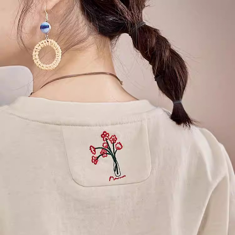 Gujia Natural Colored Cotton Comfortable Versatile Embroidered Round Neck Long Sleeve T-Shirt for Women Original Artistic Top Spring New Style