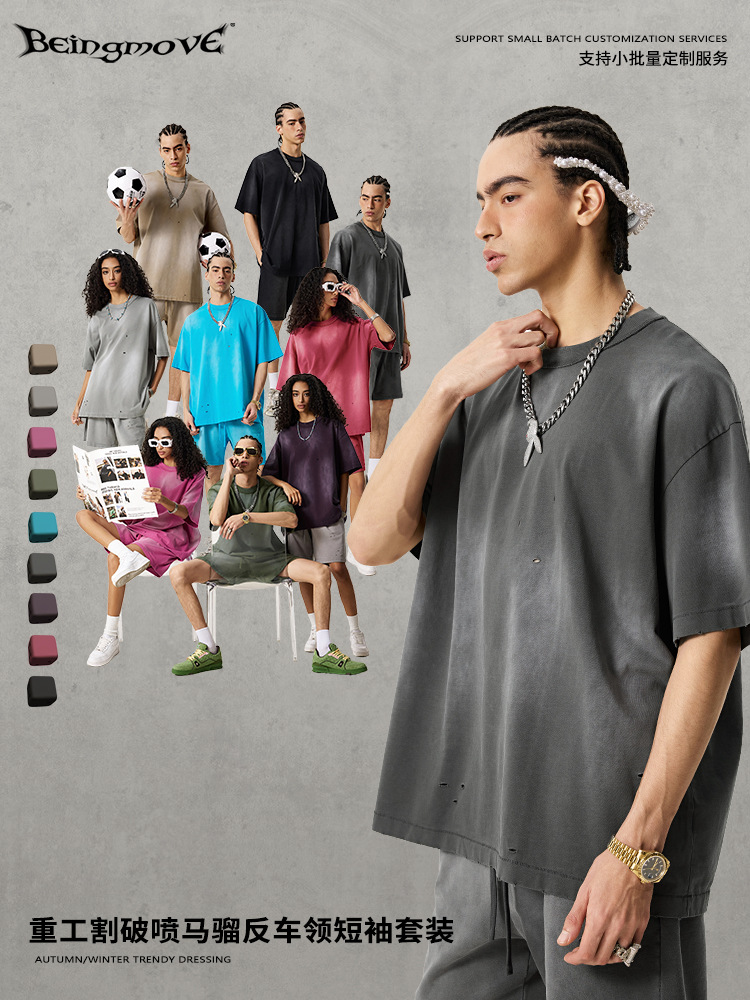 2025 verano pesado estilo parisino salpicaduras de tinta pantalones cortos de manga corta de algodón tee trajes para hombres y mujeres, exclusivamente para hombres transfronterizos