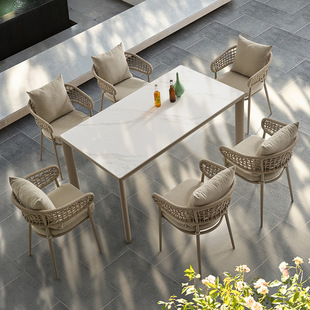 Outdoor Courtyard Slate Table and Chairs Villa Garden Terrace Rattan Chairs Outdoor Anti-Corrosion Wood Teak Rattan Dining Table and Chair Combination