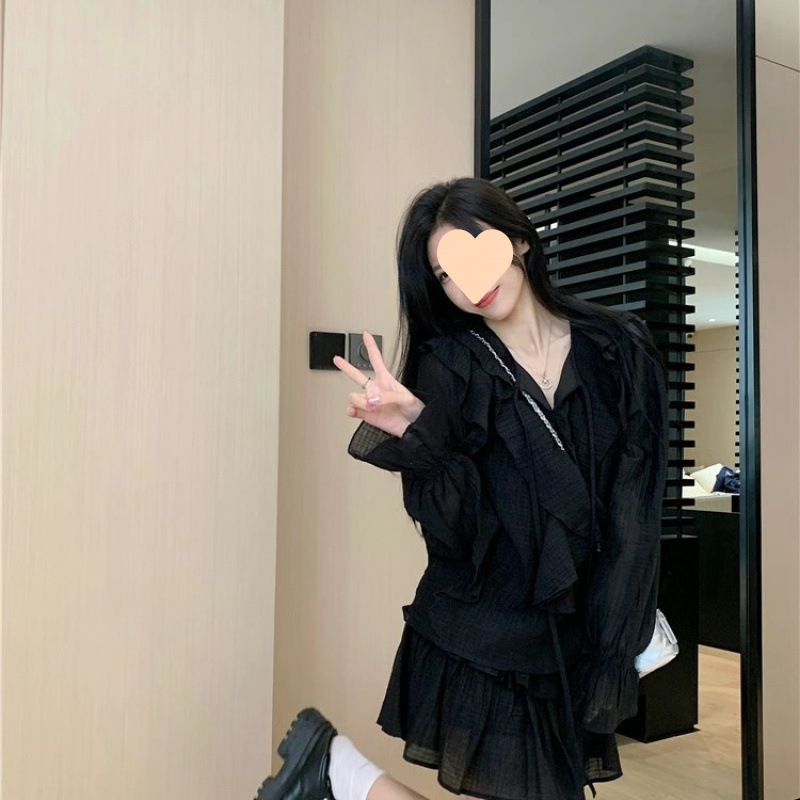 Chiffon Shirt Women's Long-Sleeved Wishing Fountain Girl Ruffled Lace-Up Niche Shirt Women's Chic Cake Skirt Suit