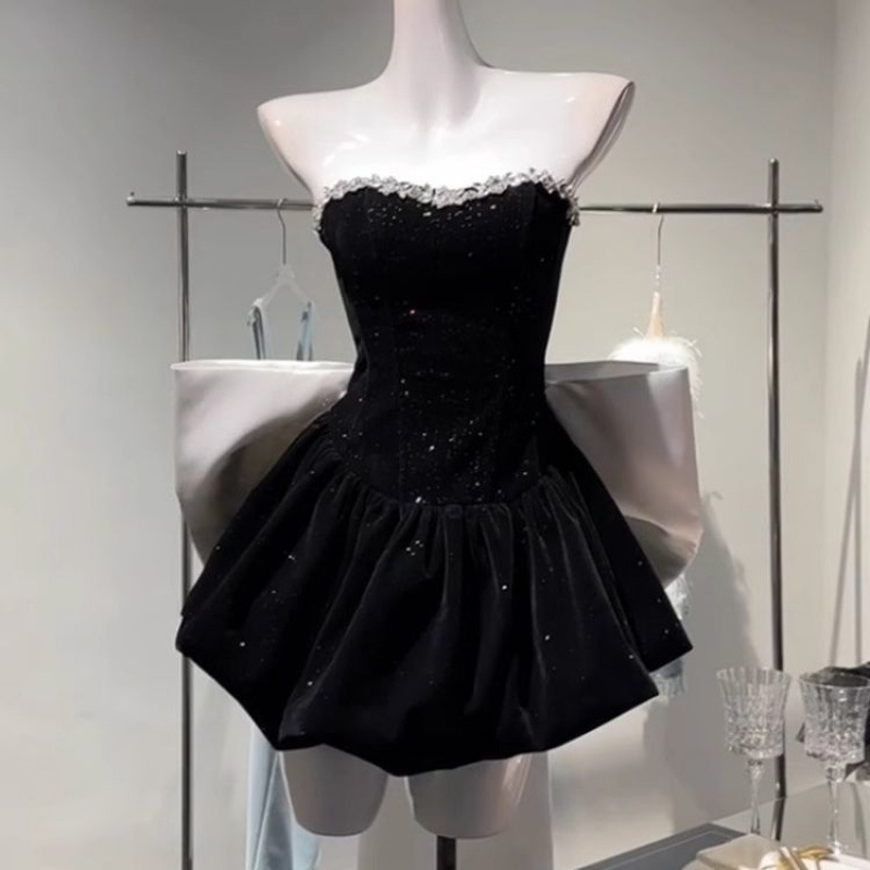誕生日ドレス、ハイエンドのライトラグジュアリーニッチプリンセスチュチュスカート、リボンチューブトップベルベットドレス|undefined