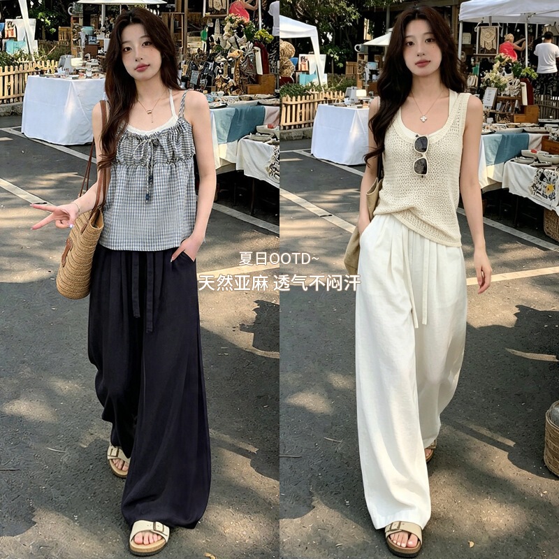 Japanese-Style Linen Curved-Leg Pants for Women, Summer 2026, Thin High-Waisted Slimming Ice Silk Petite Lazy Style Wide-Leg Pants Japanese-Style Linen Curved-Leg Pants for Women, Summer 2026, Thin High-Waisted Slimming Ice Silk Petite Lazy Style Wide-Leg Pants