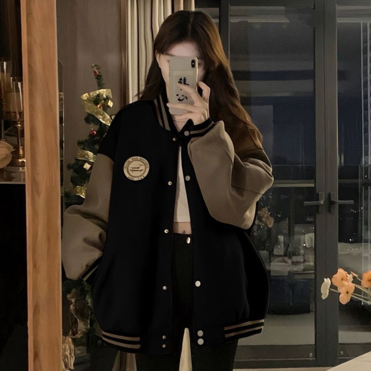 Cross-Border Lazy Style Baseball Jacket Women's Autumn and Winter Velvet Thickeneded Retro Loose Casual Cardigan Sweatshirt Ins Trend