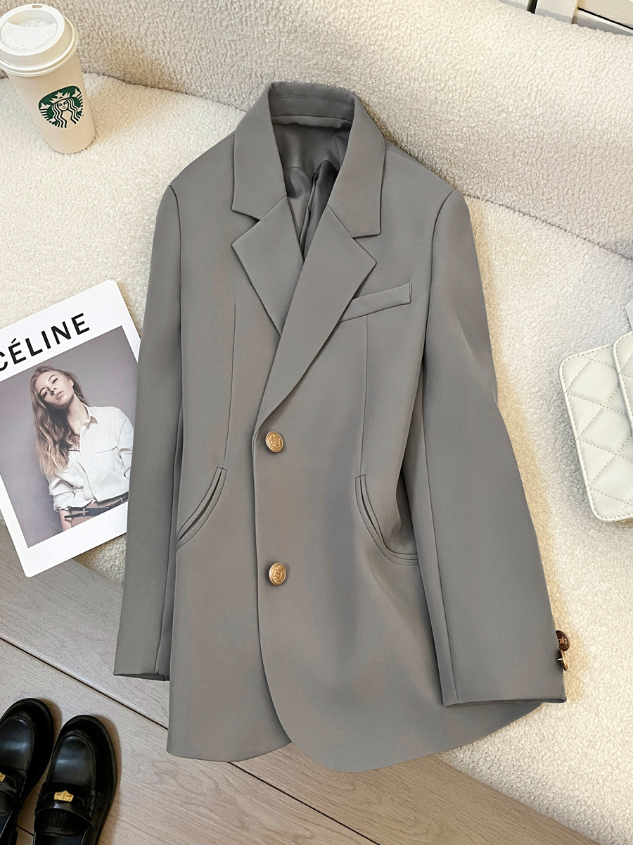 グレーの女性用スーツジャケット、高級感のある2026年春秋新作、韓国風、女神のような気質、高級カジュアルスーツジャケット