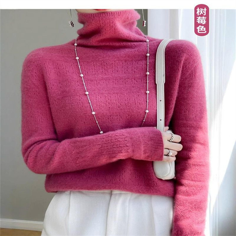 2025 새로운 도착 전선 의류 캐시미어 더미 칼라 니트 스웨터 여성용 짧은 할로우 울 스웨터베이스 탑