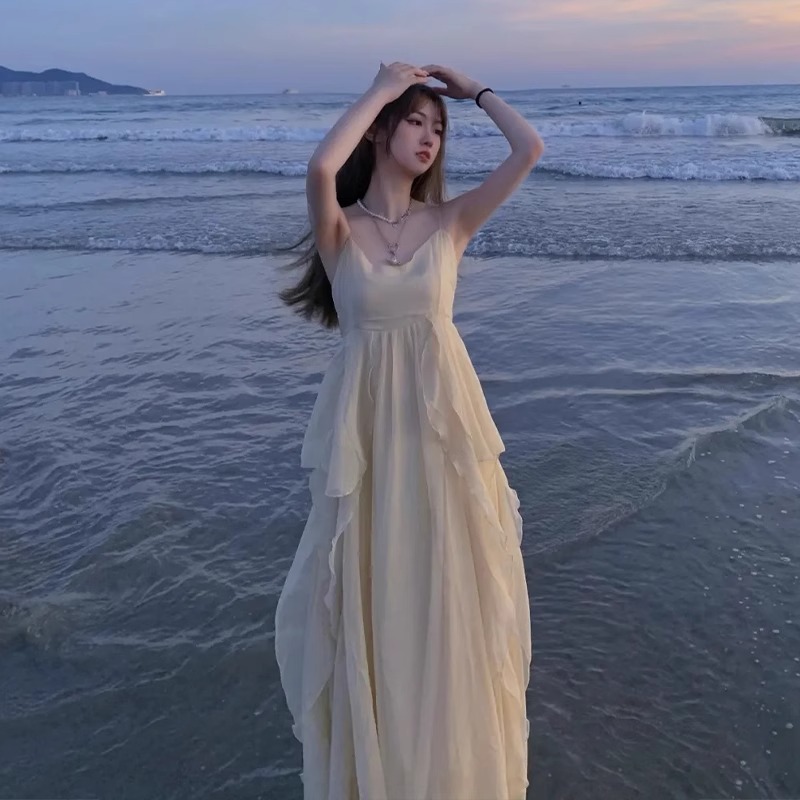 요정 스커트 서스펜더 드레스 해변 휴가 드레스 여름 해변 서스펜더 드레스 롱 스커트 뉴 화이트 싼야