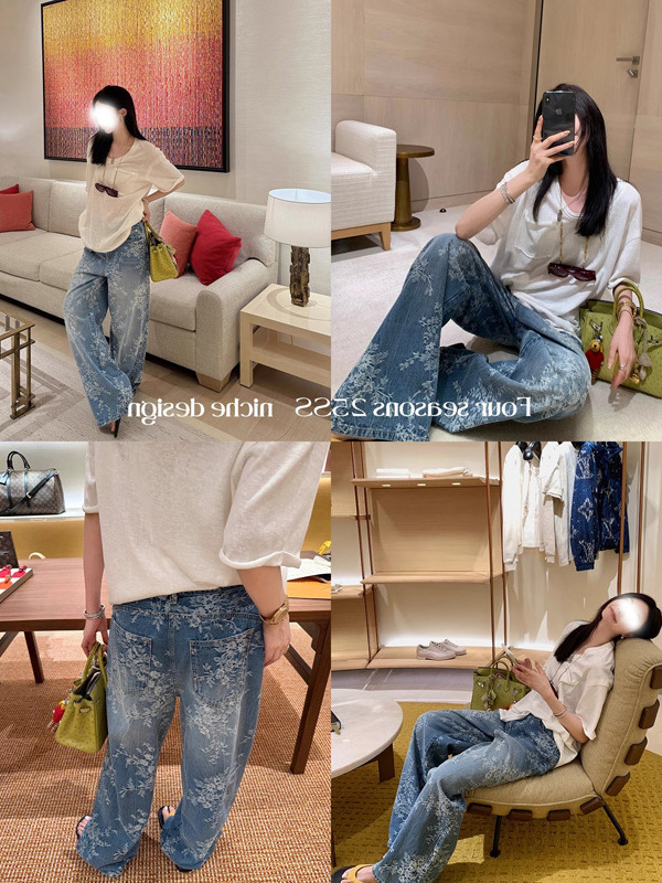 Ouyang 刺繍ジーンズ女性の夏のルーズワイドレッグパンツレトロストレートパンツフロアレングスパンツ|undefined