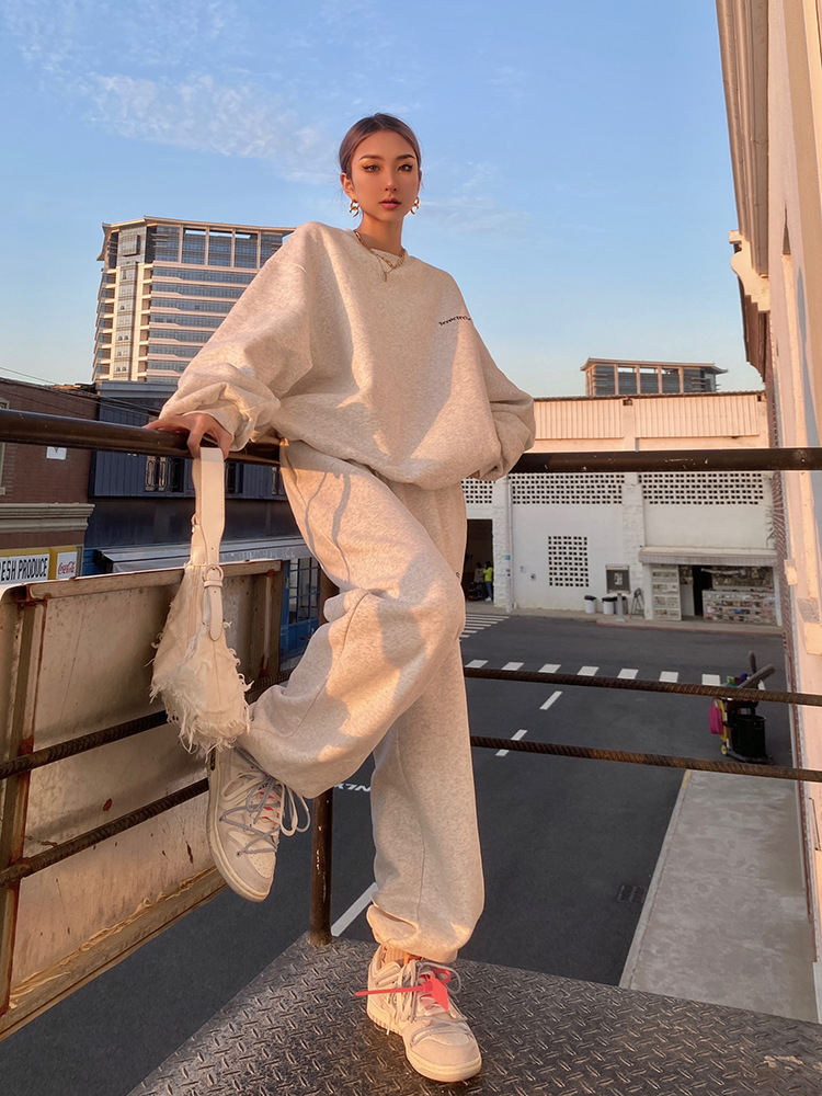 001 American Style Trendy Gray Sweatshirt Set For Women, Spring, Autumn, Winter, Thin Loose Lazy Casual Jogger Pants_voghion.com