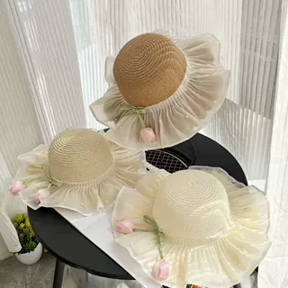 儿童海边度假沙滩防晒帽洋气帽子太阳帽郁金香花朵大帽檐夏天草帽