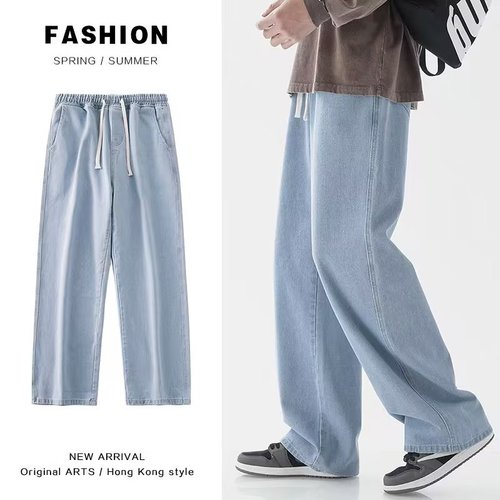 American street retro brand straight-leg jeans for men, summer drawstring elastic waist loose casual pants