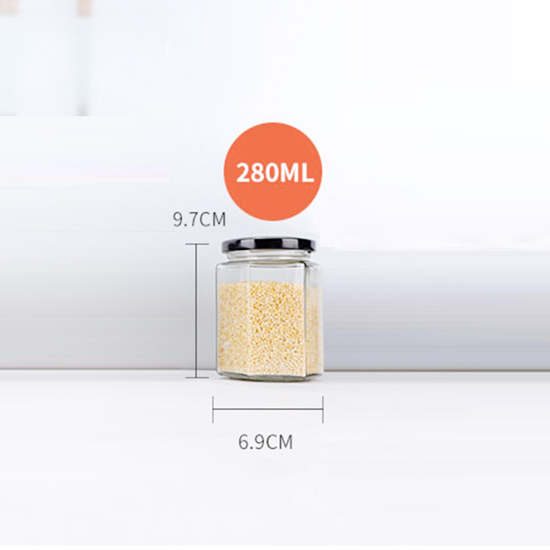 Botella de vidrio hexagonal espesada botella de miel sellada con tapa de crema de limón enlatado de salsa de Chile botella fábrica al por mayor