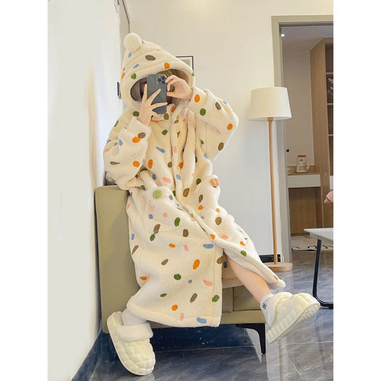Winter Coral Fleece Pajamas Women's Winter Girl's Sweet Color Polka Dot Flannel Hooded Nightgown Home Clothes Nightgown