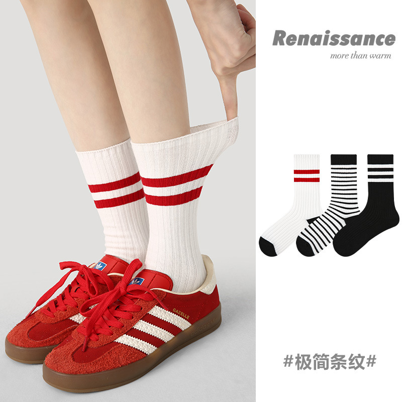 Renaissance Autumn and Winter New Mid-Calf Women's Socks, Combed Cotton, Black and White Striped, Double-Needle Versatile Socks, Trendy on Instagram Renaissance Autumn and Winter New Mid-Calf Women's Socks, Combed Cotton, Black and White Striped, Double-Needle Versatile Socks, Trendy on Instagram