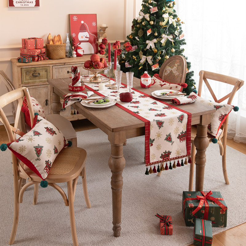Camino mesa navideño jacquard, borlas