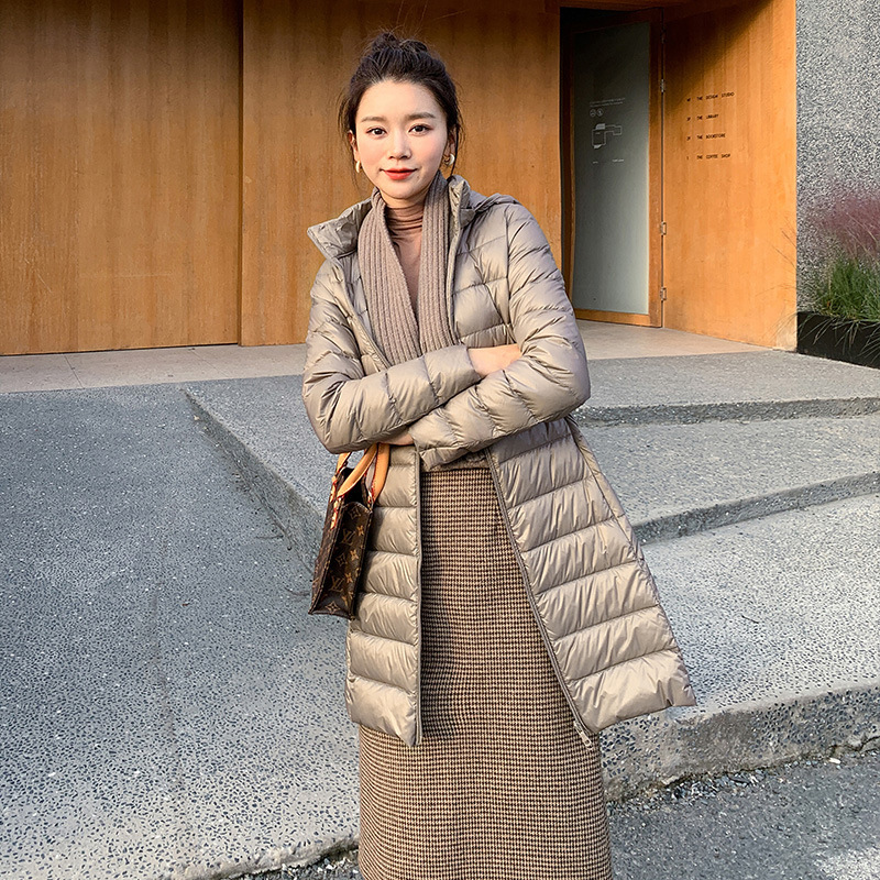 Youjia Clothing Lightweight down Jacket Women's Mid-Length 2025 Winter Removable Hood Slim Fit Hooded Large Size White Duck down Jacket