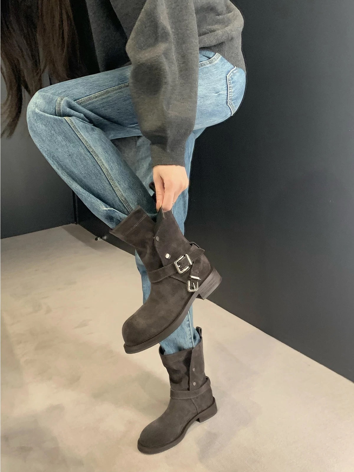 羊皮~葡萄ma同款厚底增高4cm马丁靴女可翻折扣带粗跟西部靴子短靴