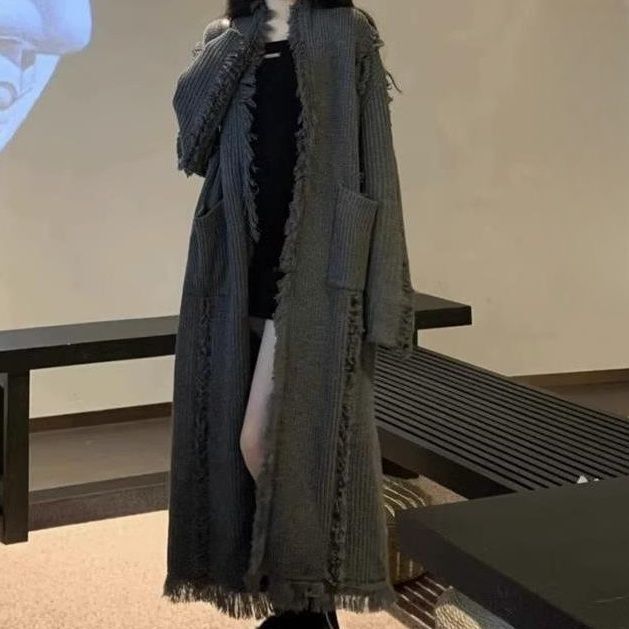 Gray lazy style long sweater coat women's clothing autumn and winter 2023 new Hong Kong style casual loose knitted cardigan