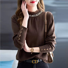 时尚钉珠针织打底衫女春秋新款洋气内搭长袖上衣半高领套头薄毛衣