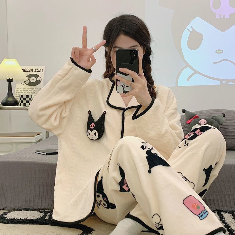 睡衣女秋冬季珊瑚绒加厚保暖韩版束口卡通可爱法兰绒家居服套装女|undefined