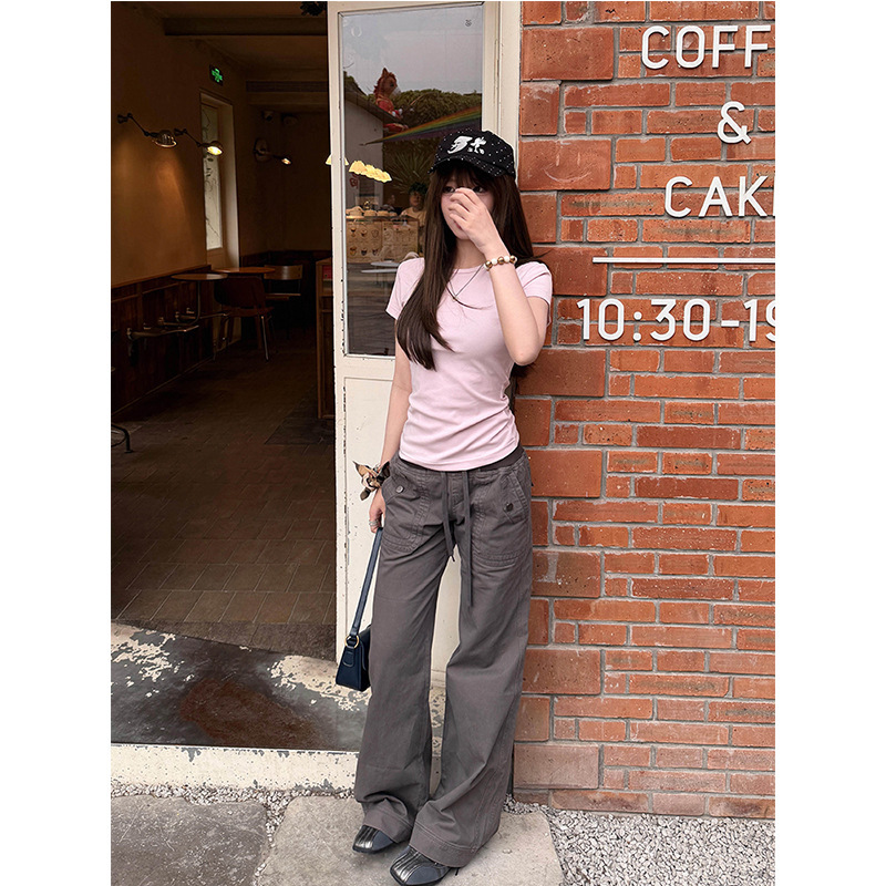 American Retro Gray Lace-Up Low-Waist Jeans for Women, Summer Niche Style, Slim Fit Straight-Leg Flared Work Pants American Retro Gray Lace-Up Low-Waist Jeans for Women, Summer Niche Style, Slim Fit Straight-Leg Flared Work Pants