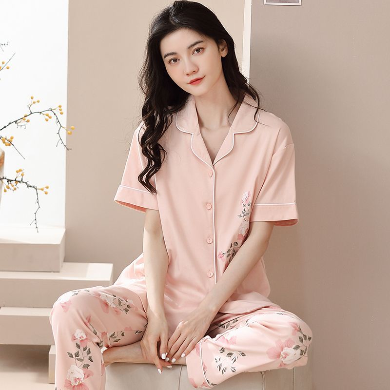 Nuevos pijamas de verano de las mujeres pantalones de manga corta 100% algodón Delgado solapa casual de las mujeres mamá ropa de casa traje de verano