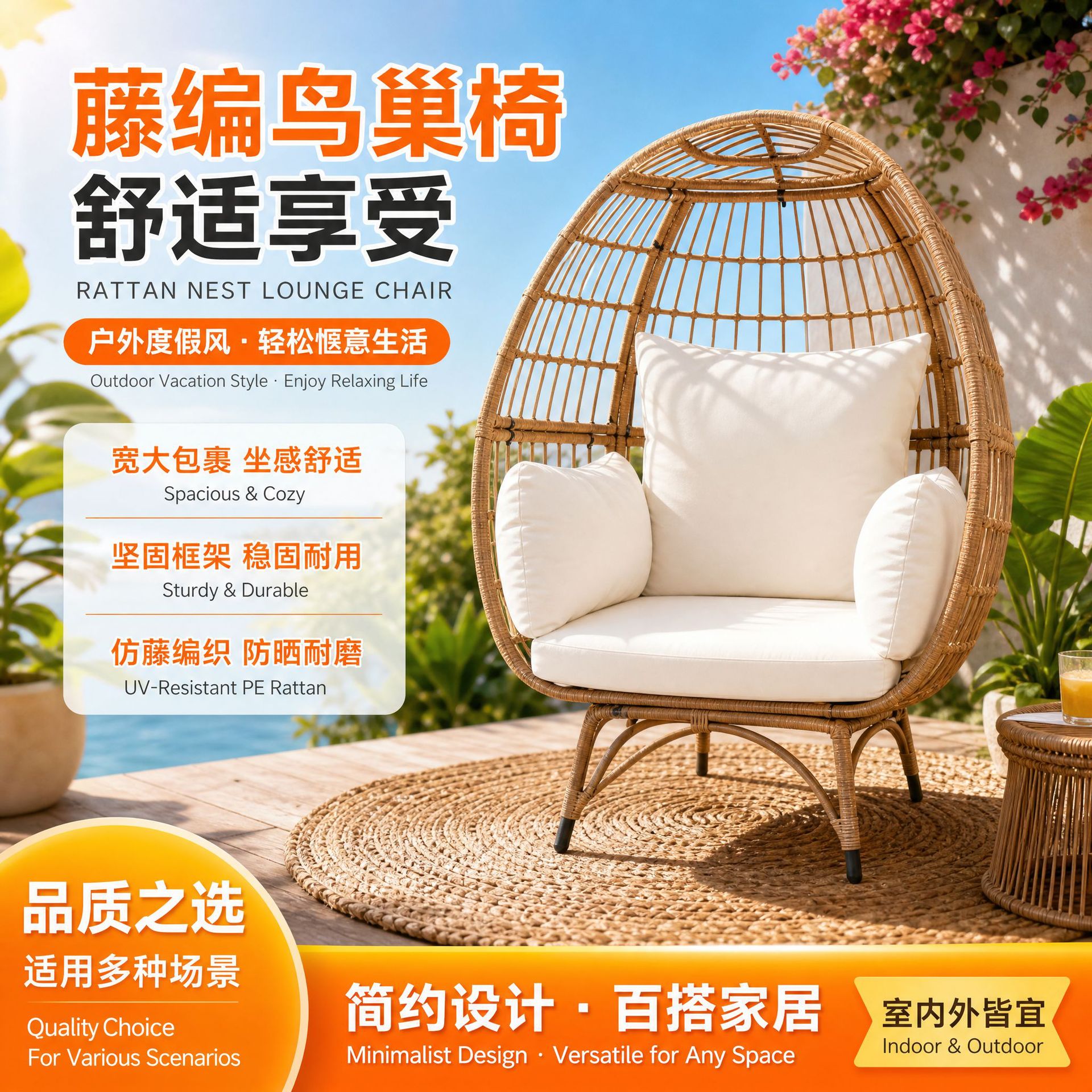 Cross-border leisure lazy sofa, rattan bird's nest creative rattan chair furniture, recliner, modern minimalist imitation rattan egg chair