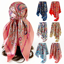 腰果印花丝巾90cm女士新款中东包头巾欧美跨境仿真丝色丁方巾批发