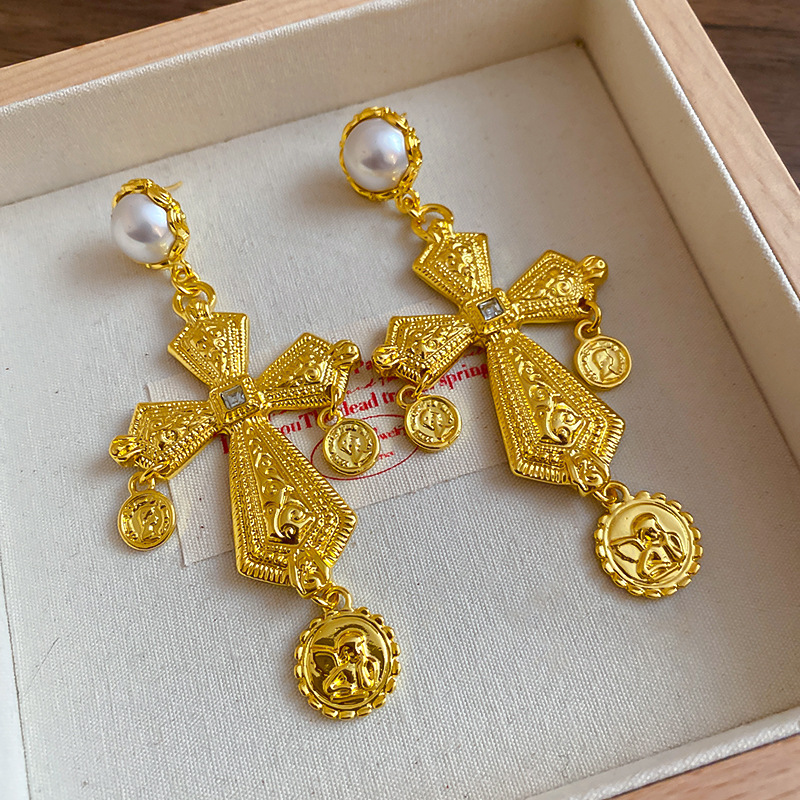Artificial Pearls, Rhinestones Inlay Material 1 Pair Vintage Style Cross Plating Inlay Alloy Artificial Pearls Rhinestones Drop Earrings