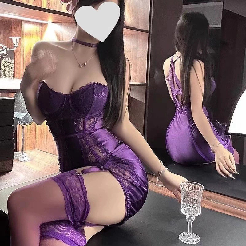 Сексуальное кружевное атласное фиолетовое платье бедра