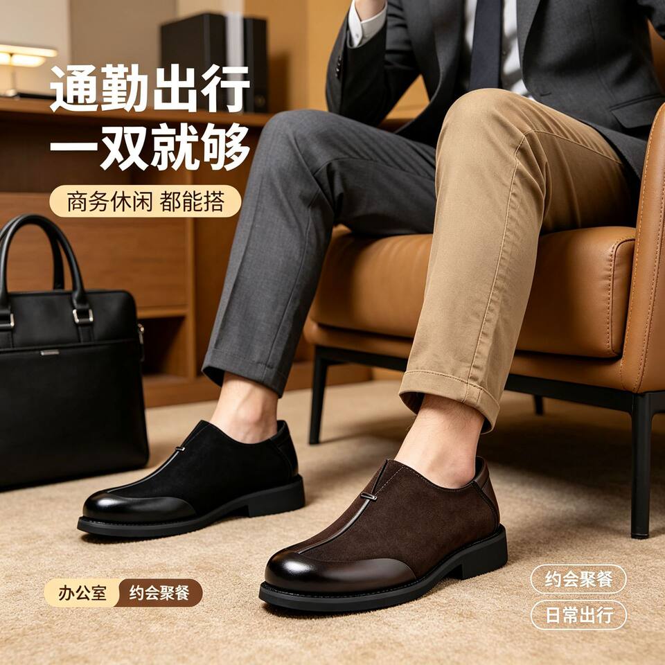Giày da nam mũi vuông da thật kiểu lười xỏ chân, dễ phối đồ — Màu nâu tây., Thời trang đen